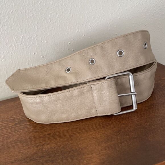 Beige Wide Soft Leather Belt 38-43 Inches Classic Nude Dressy Y2K 90s 80s - Picture 2 of 7